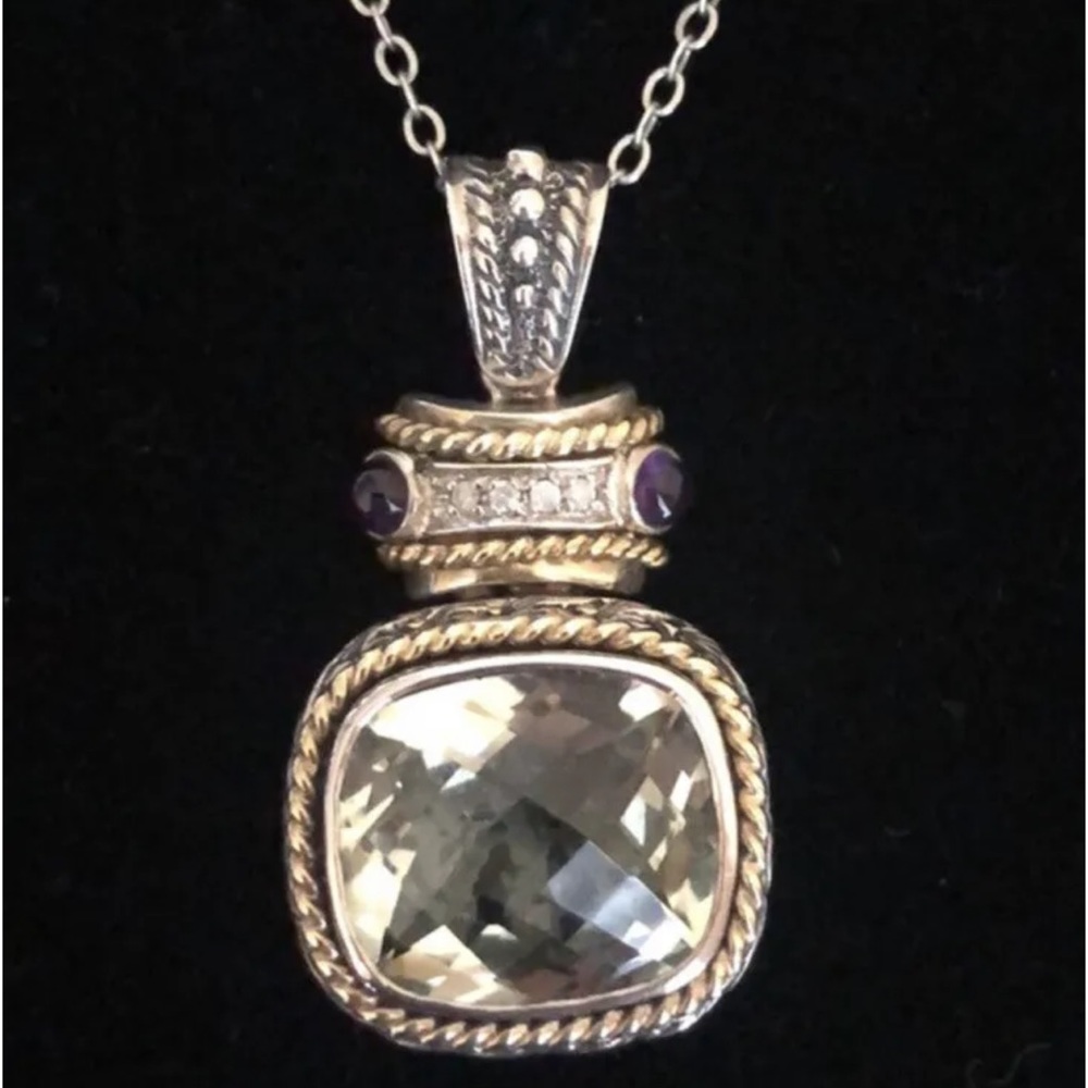 925 Sterling silver 18” Green quartz Amethyst necklace.